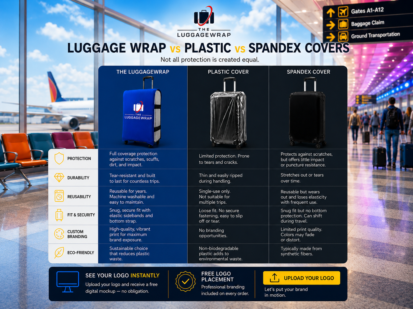 Housse de bagage réutilisable comparativement aux emballages en plastique des aéroports