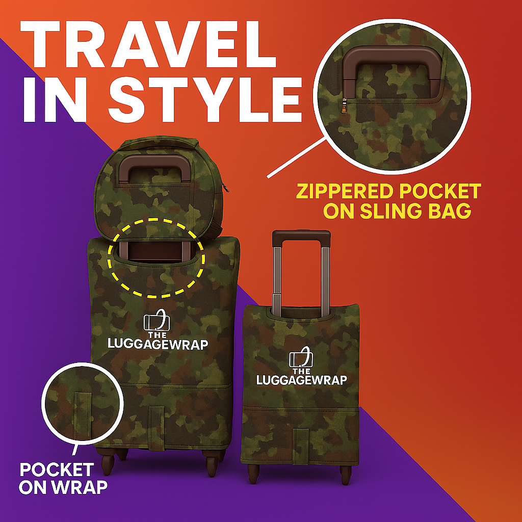 Our Confident Camouflage Luggage Wrap - Accommodates Conventional Rolling Luggage