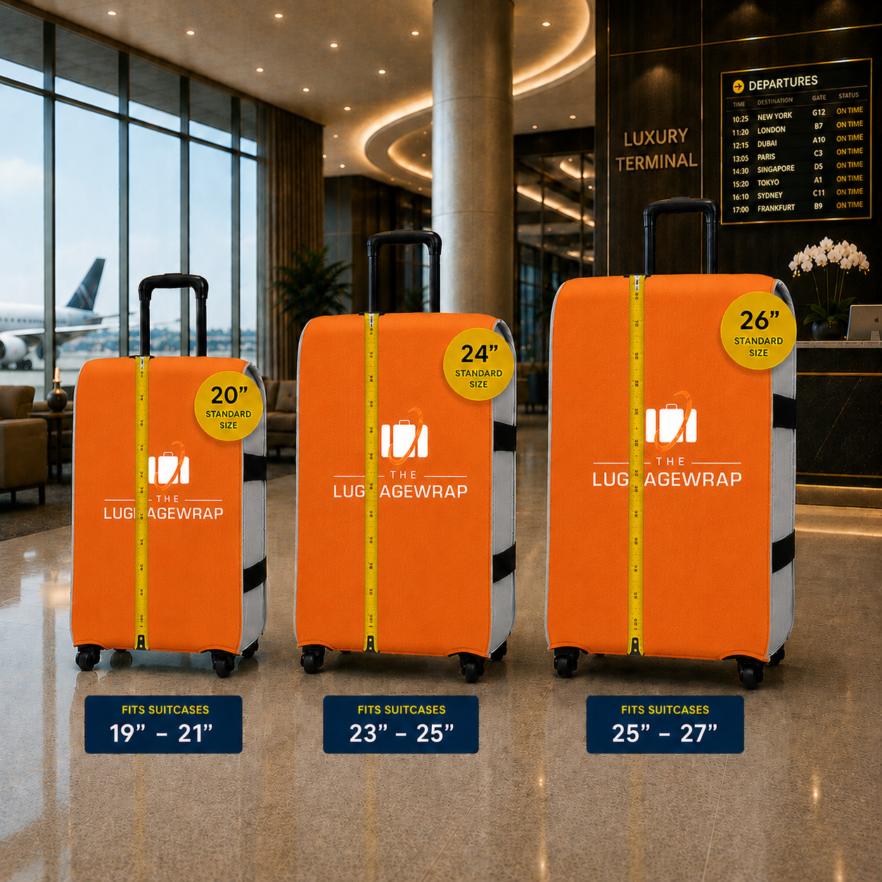Housses de valise Luggage Wrap disponibles en 20, 24 et 26 pouces.