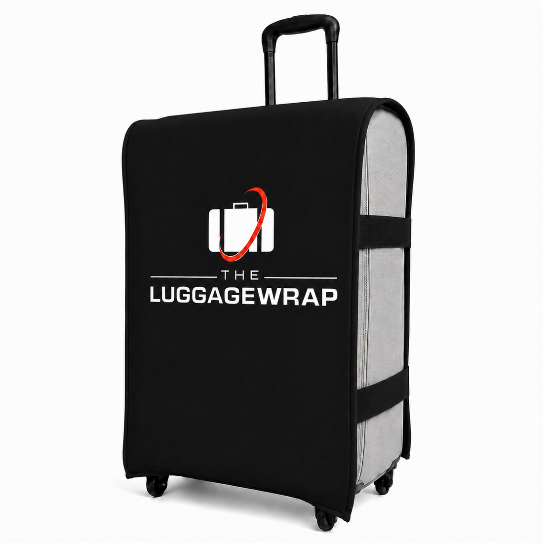 Funda negra para maletas con el logotipo de «The Luggage Wrap» sobre fondo blanco