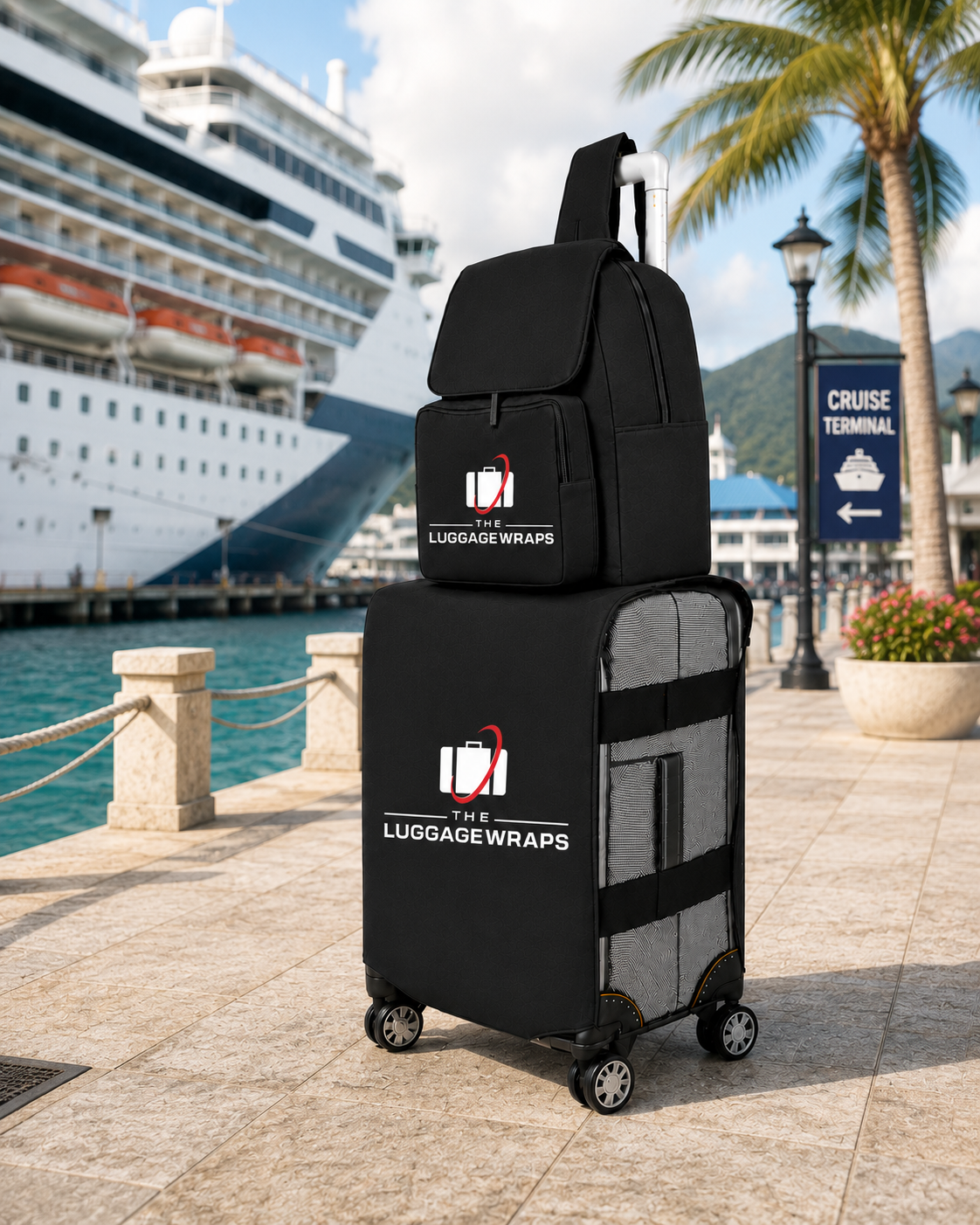 Un bagage à roulettes noir avec un emballage à bagages, un sac à dos assorti et une petite pochette, marqué « The Luggage Wraps », exposé sur un quai tropical en bord de mer avec un bateau de croisière et des palmiers en arrière-plan.