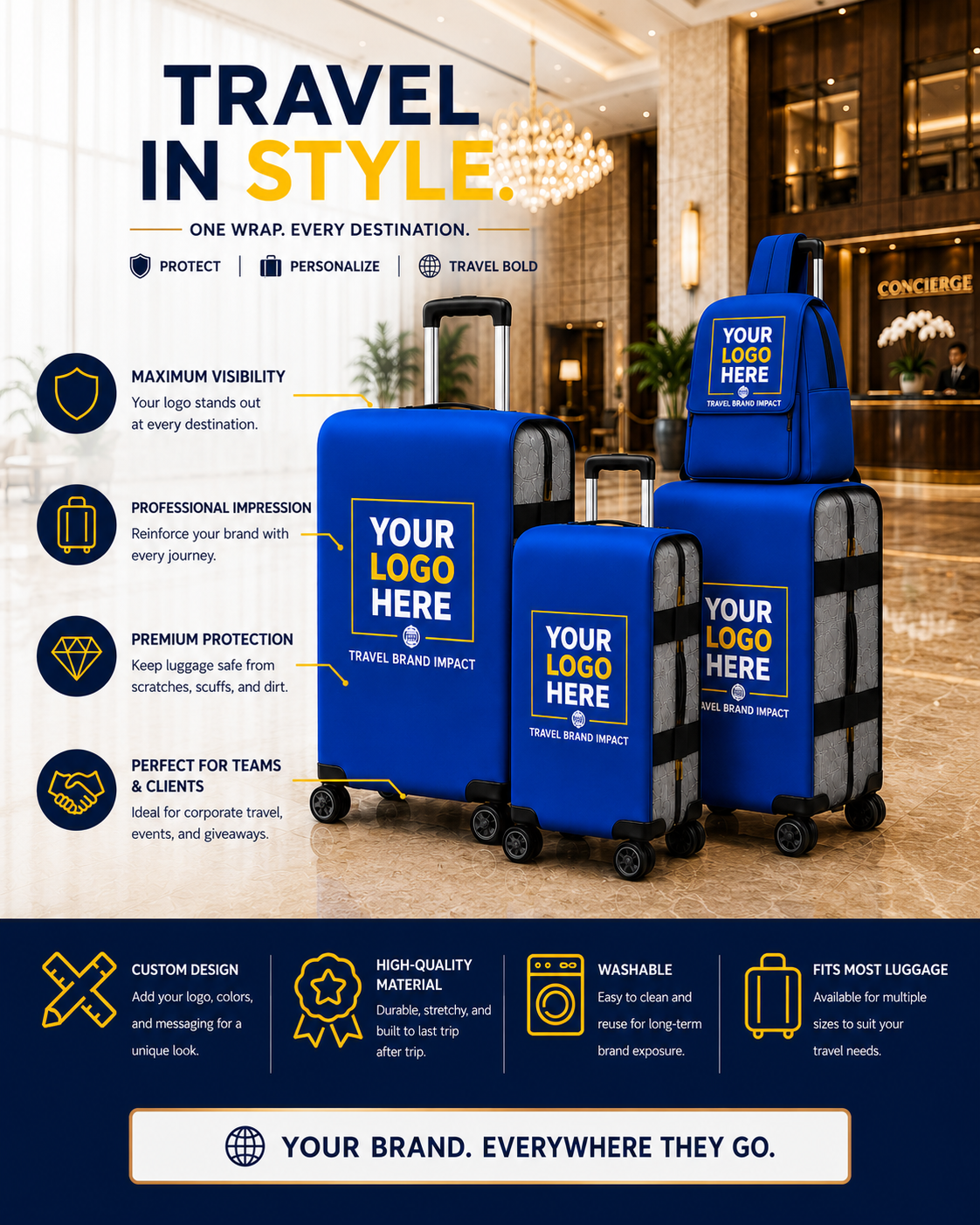 A promotional graphic for customizable  luggage wraps  in a hotel lobby setting. The image shows three blue hard-shell suitcases with wheels and telescoping handles, each printed with placeholder branding text ('YOUR LOGO HERE').