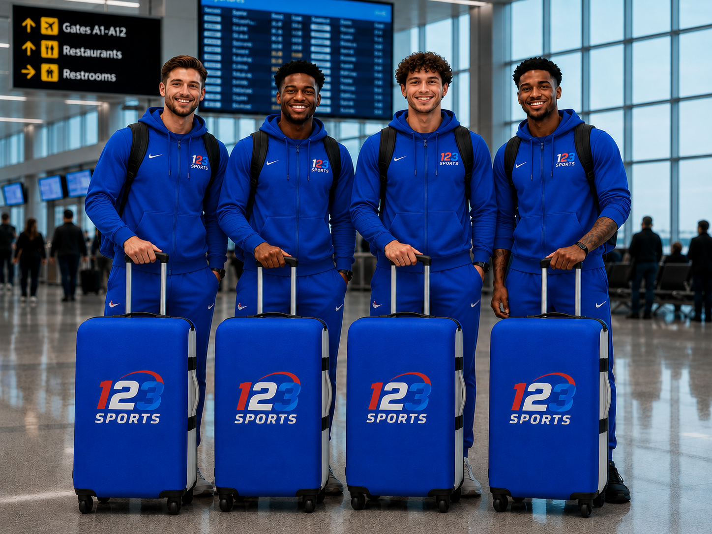 Quatre hommes vêtus de survêtements bleu roi assortis se tiennent dans un terminal d'aéroport, tenant des valises à roulettes recouvertes de housses bleues de la marque 123 Sports. Les survêtements arborent un petit logo du drapeau américain sur la poitrine et le logo Nike visible sur les manches.