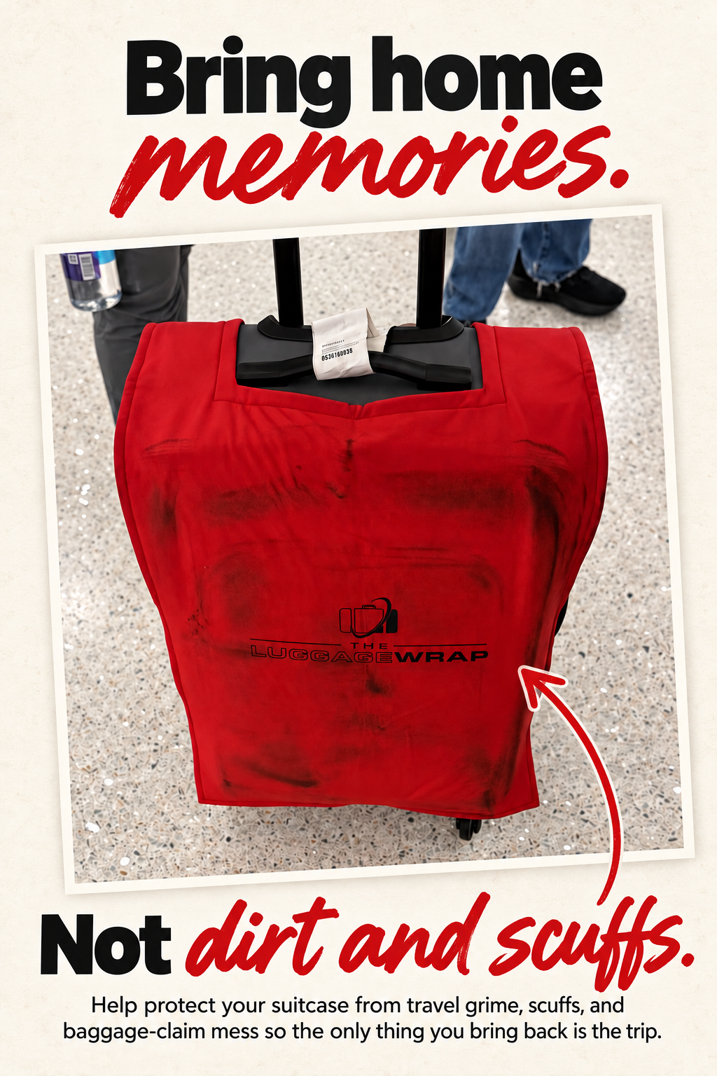 Red luggage wrap showing dirt and scuff marks after a trip from Tampa to Nashville.