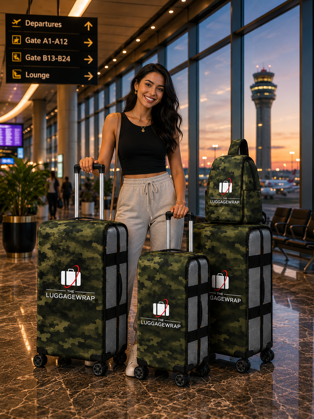 Une femme se tient dans un terminal d'aéroport, portant trois valises à roulettes Luggage Wrap de camouflage et un sac à dos en bandoulière assorti. De grandes fenêtres derrière elles laissent entrevoir une tour de contrôle au crépuscule, et un panneau d'aéroport est visible en haut à gauche.