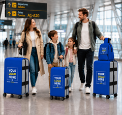 A family of four walks through an airport terminal with three customized blue rolling suitcases and a matching blue backpack. The suitcases feature a gray side panel and a white placeholder logo that reads 'YOUR LOGO HERE'.