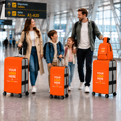 A family of four walks through an airport terminal with bright orange customizable rolling suitcases and a matching backpack. The suitcases feature a prominent orange front panel with a white placeholder logo and the text 'YOUR LOGO HERE'.