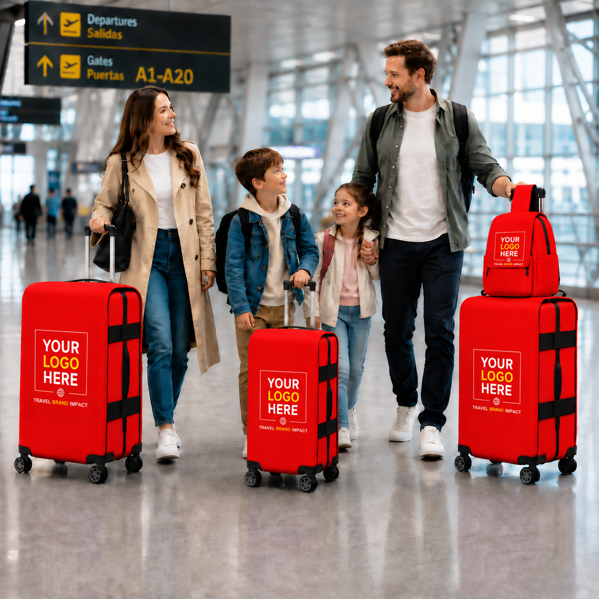A family of four walking through an airport terminal with red rolling luggage and a matching red backpack. The luggage features customizable mockup text that reads 'YOUR LOGO HERE'.
