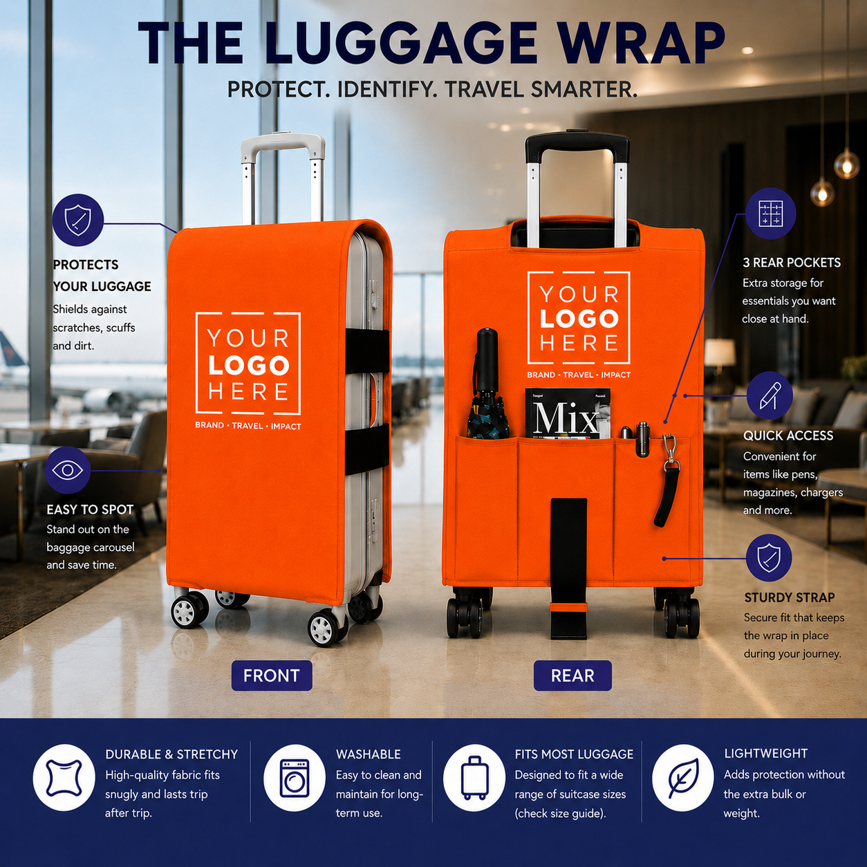 Présentation du produit sous forme d'infographie : un revêtement de bagage orange est présenté sur deux valises à roulettes, avec les mentions « avant » et « arrière », et des encadrés et icônes mettent en valeur le produit dans un environnement intérieur lumineux.