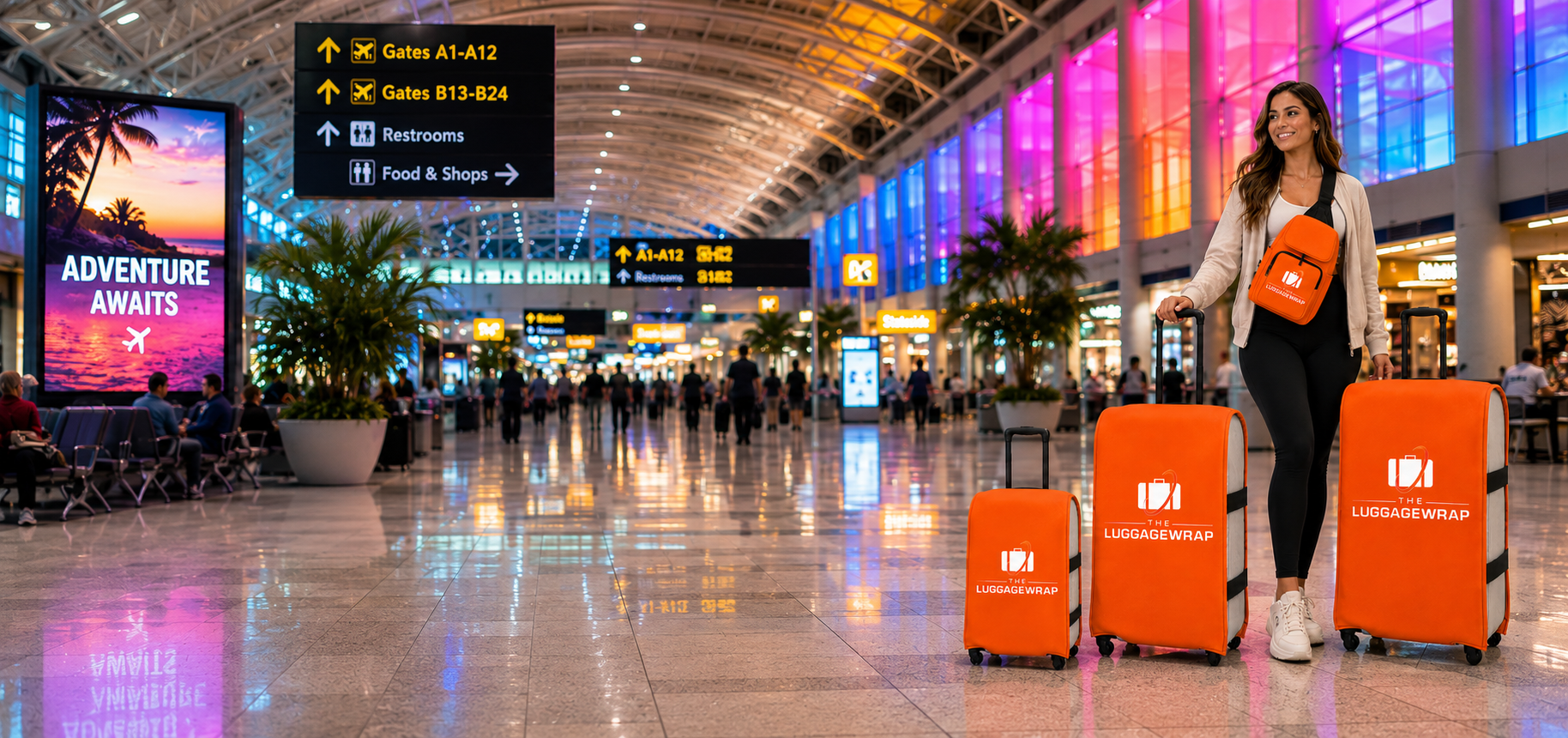 Traveler with colorful luggage wraps in an airport