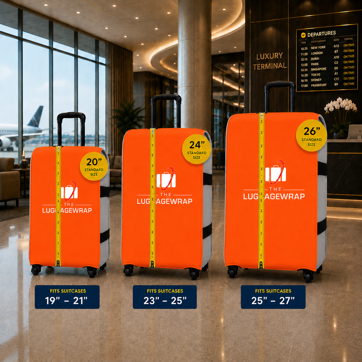 Three orange luggage wraps shown on suitcases in a terminal lobby, with size callouts reading 20 inches, 24 inches, and 26 inches. The wraps include a yellow vertical measuring strip and a yellow circular size sticker.