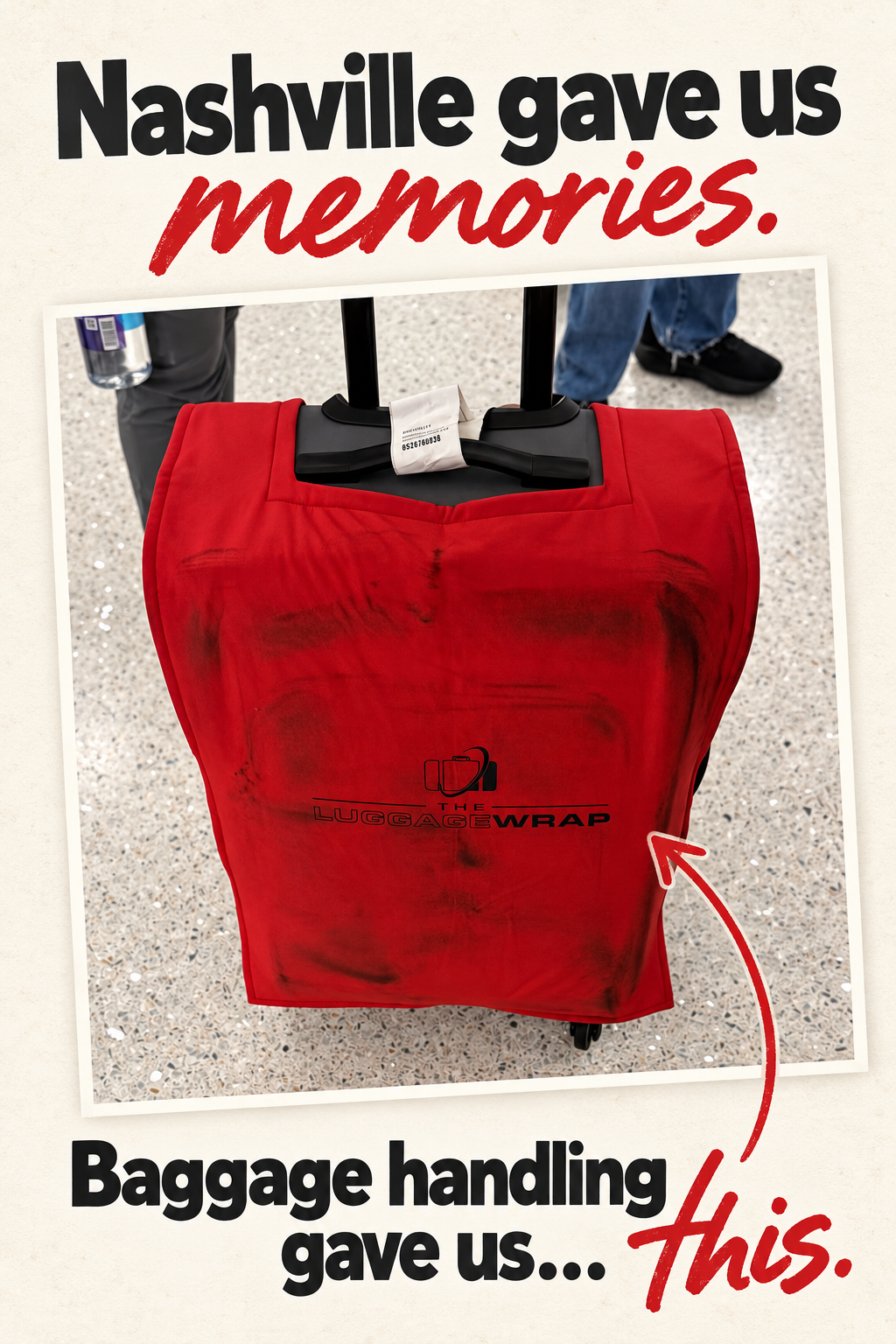 Red luggage wrap showing dirt and scuff marks after a trip from Tampa to Nashville.