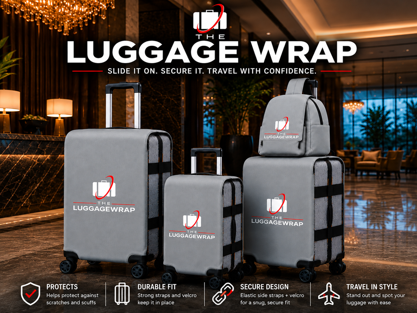 Voyageur utilisant une housse de bagage réutilisable sur une valise à roulettes