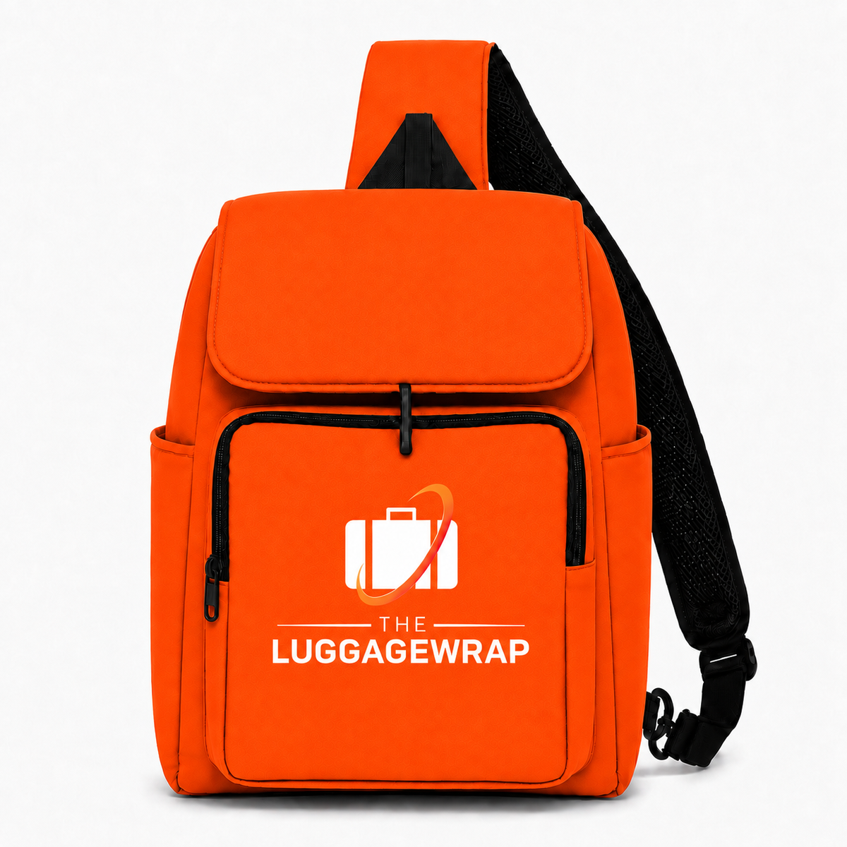 Bright orange backpack with a black shoulder strap and black trim, featuring a white luggage graphic and the text 'THE LUGGAGEWRAP' on the front pocket, shown on a light gray background.