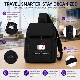 Un sac à dos de voyage noir LuggageWrap affiché sur un bureau avec plusieurs cercles d’affichage et du texte expliquant ses caractéristiques, incluant une poche à rabat avant, des poches de taille, une poche à fermeture éclair avant, une sangle d’épaule ajustable et un matériau durable et fiable.