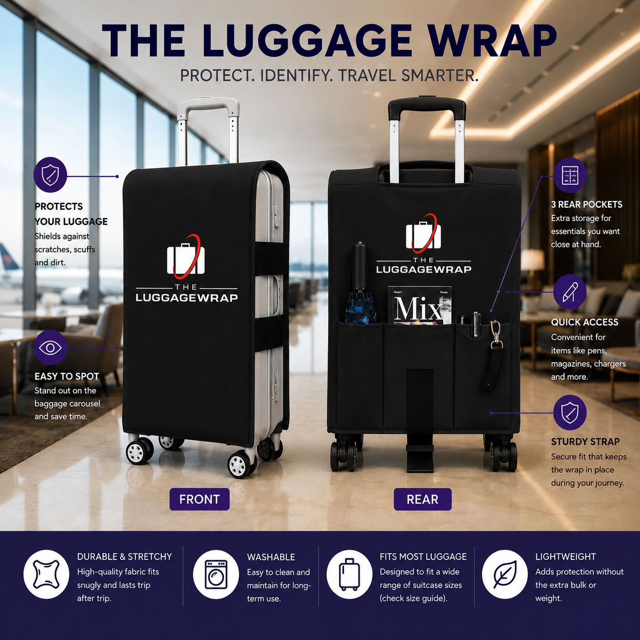 モダンなインテリアを背景に、前面と背面が写った「Luggage Wraps」のロゴが入ったスーツケース2つ