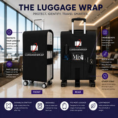 モダンなインテリアを背景に、前面と背面が写った「Luggage Wraps」のロゴが入ったスーツケース2つ