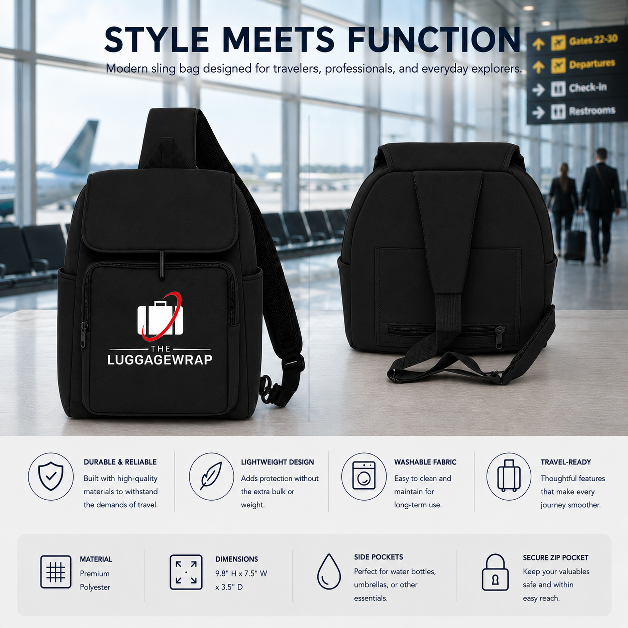 Sac à bandoulière noir montré en deux vues sur un sol lumineux d’un terminal d’aéroport, avec un grand texte indiquant « LE STYLE RENCONTRE LA FONCTION » et une infographie de fond ci-dessous. La vue de face montre le sac avec un logo blanc et rouge sur l’emballage des bagages, et la vue arrière montre la poche ouverte pour la bandoule.