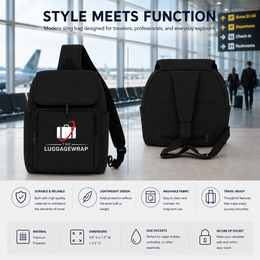 Sac à bandoulière noir montré en deux vues sur un sol lumineux d’un terminal d’aéroport, avec un grand texte indiquant « LE STYLE RENCONTRE LA FONCTION » et une infographie de fond ci-dessous. La vue de face montre le sac avec un logo blanc et rouge sur l’emballage des bagages, et la vue arrière montre la poche ouverte pour la bandoule.