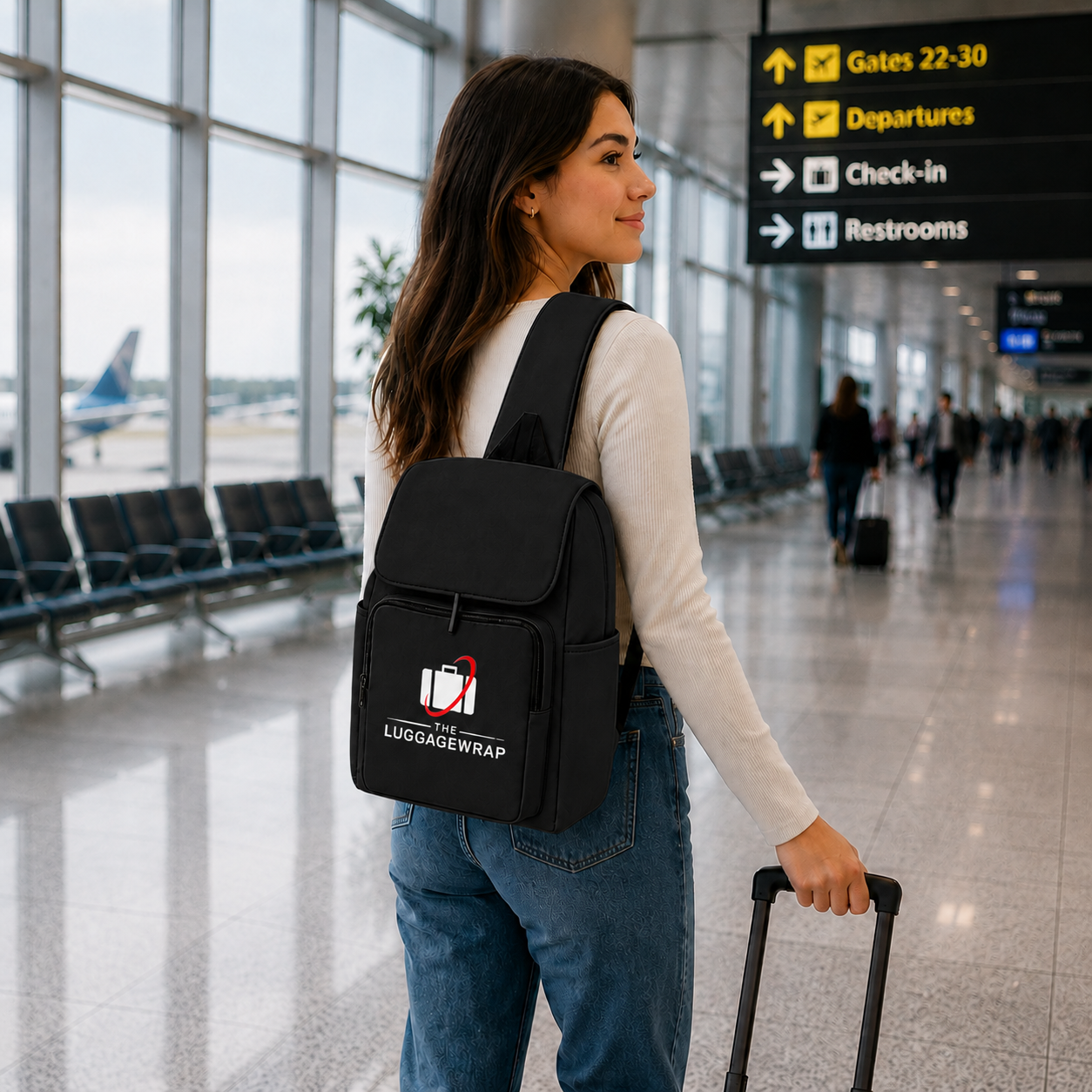 Une femme en haut blanc à manches longues et jeans bleus se tient dans un terminal d’aéroport, portant un sac à dos noir Luggage Wrap et tirant une valise. Le sac à dos possède une poche avant avec une icône de bagage blanche et rouge et le texte « ENVELOPPE DE BAGAGES ».