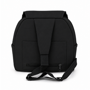 A black sling bag backpack shown from the back, featuring a padded shoulder strap, a zippered pocket, and a detachable crossbody strap, set against a plain white background.