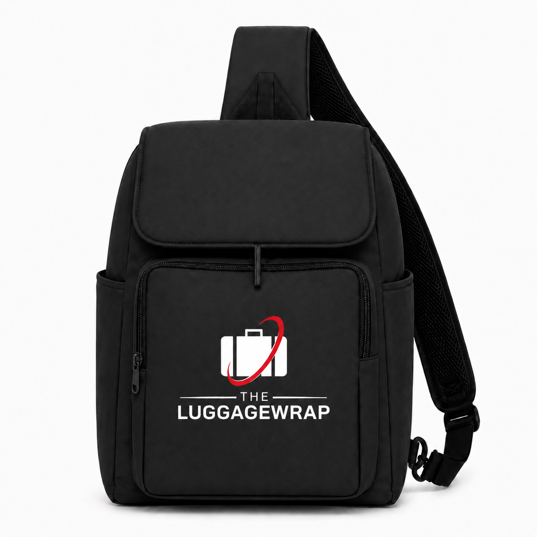 Sac à dos bandoulière noir avec le logo « The Luggage Wrap » sur fond blanc