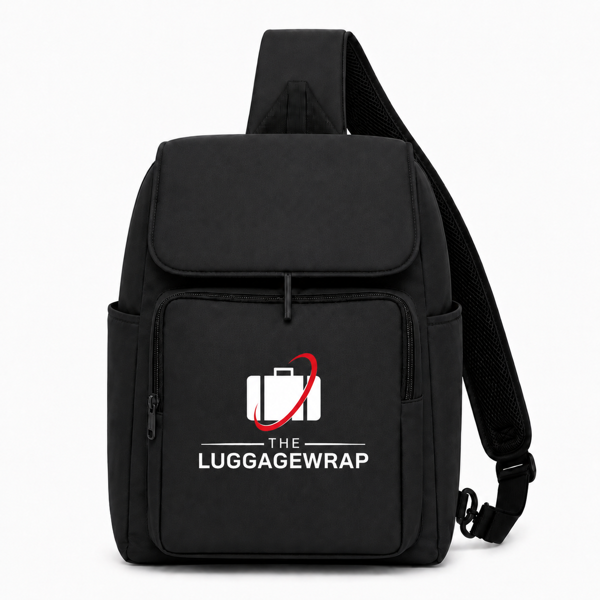 Black sling bag backpack with 'The Luggage Wrap' logo on a white background