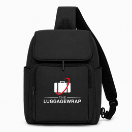Sac à dos bandoulière noir avec le logo « The Luggage Wrap » sur fond blanc