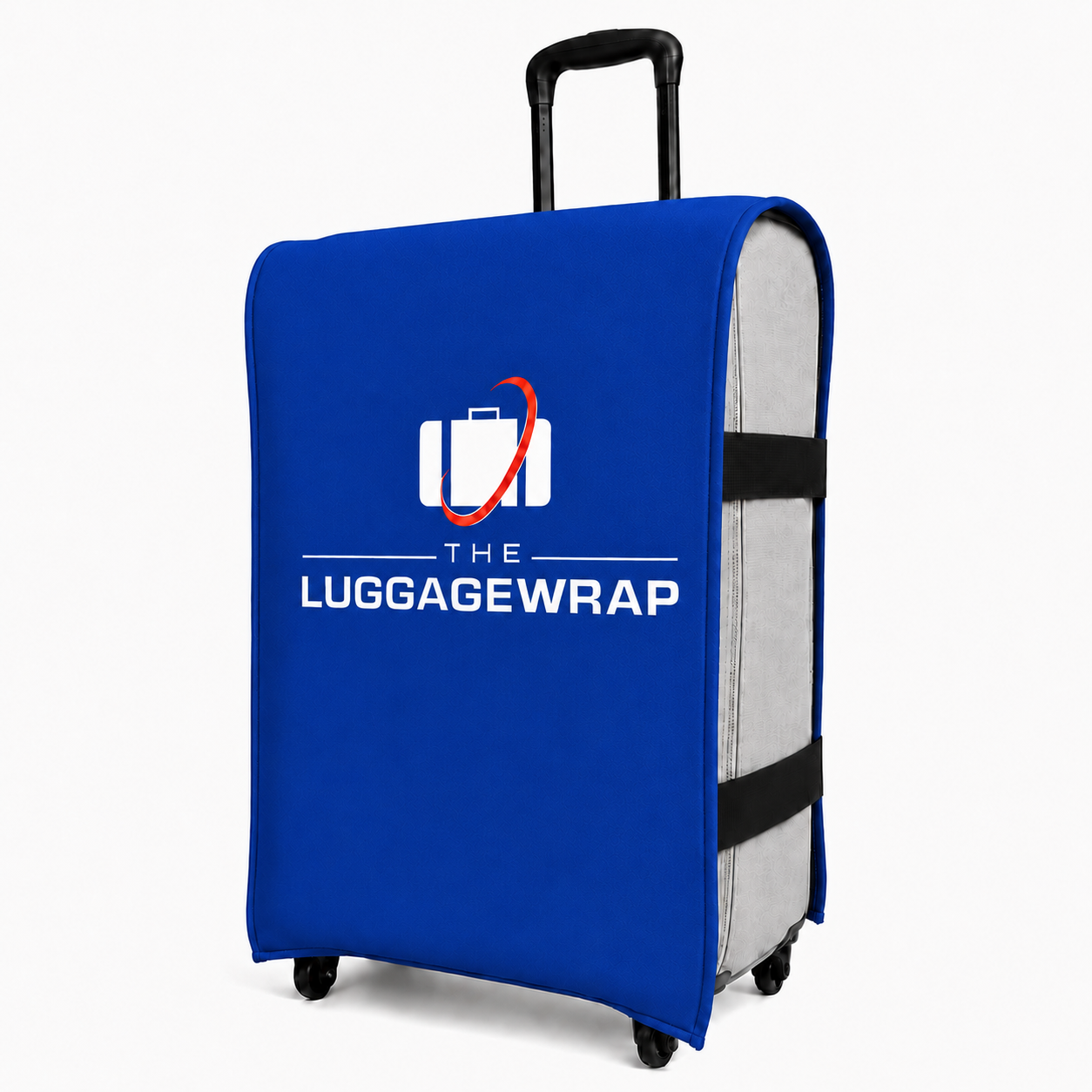 白い背景に「The Luggage Wrap」のロゴが入った青いスーツケース用ラップ