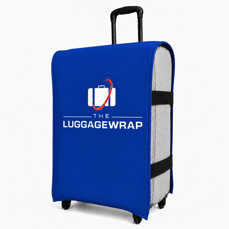 Blue luggage wrap with 'The Luggage Wrap' logo on a white background