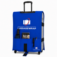 白い背景に、スーツケースのアイコンと「The Luggage Wrap」のブランドロゴが入った青い荷物用ラップ。