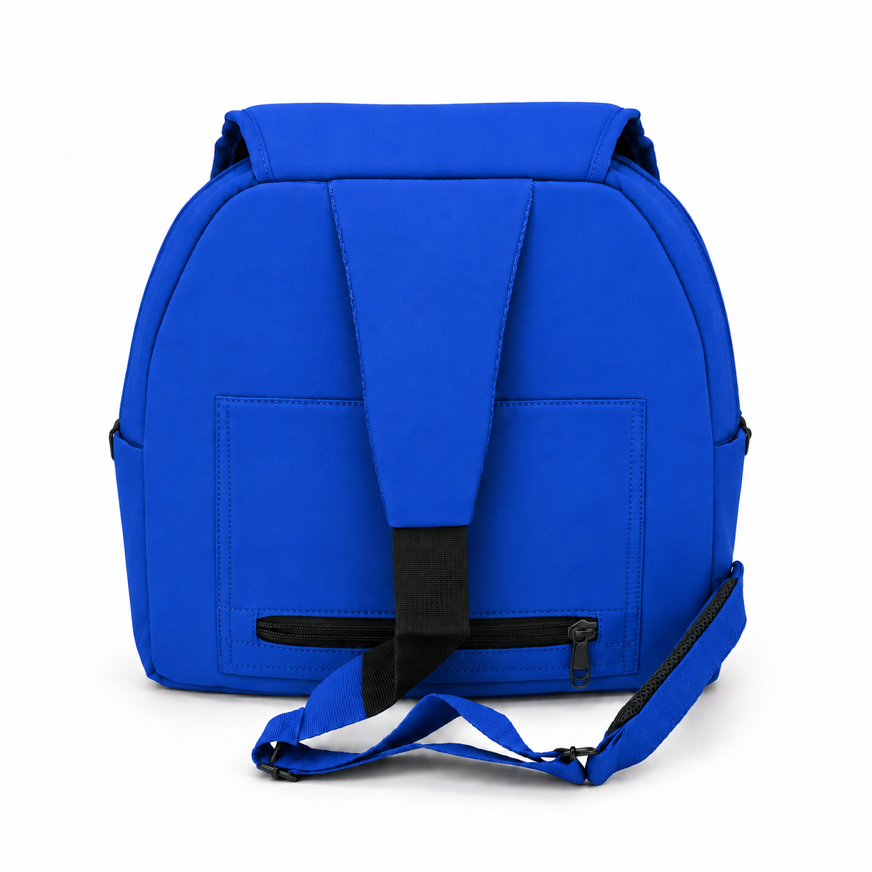 Un sac à dos à bandoulière bleu vif montré de l’arrière, avec une sangle verticale centrale avec un connecteur noir, une poche horizontale zippée, des poches latérales et une sangle d’épaule bleue amovible, photographié sur un fond blanc épuré.