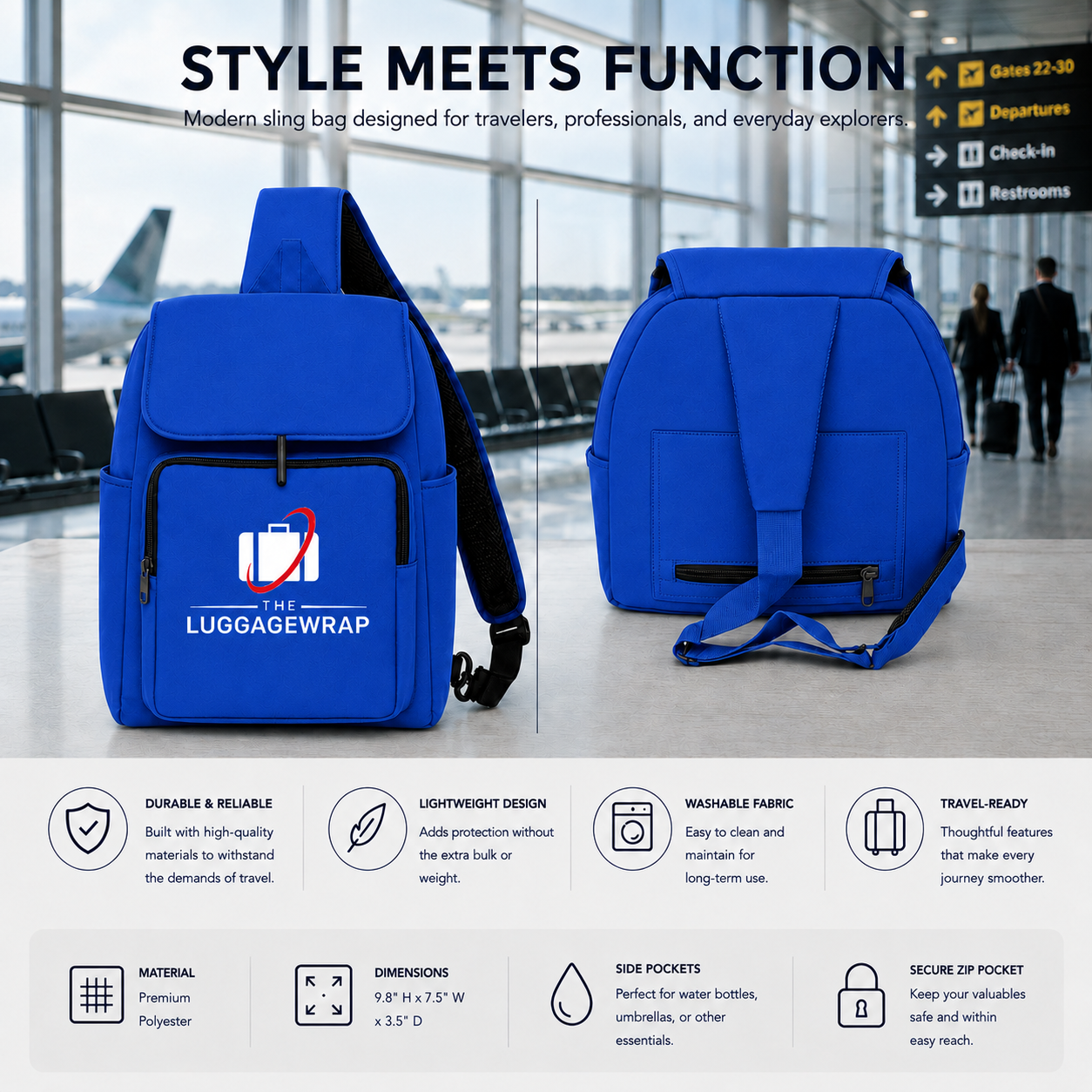 Un sac à bagages de style écharpe bleu vif visible de l’avant et du côté, avec un grand logo blanc « The Luggage Wrap » sur la poche avant. L’image comprend du texte marketing en haut et une grille de caractéristiques en bas, sur un arrière-plan flou du terminal d’aéroport avec deux personnes visibles au loin.