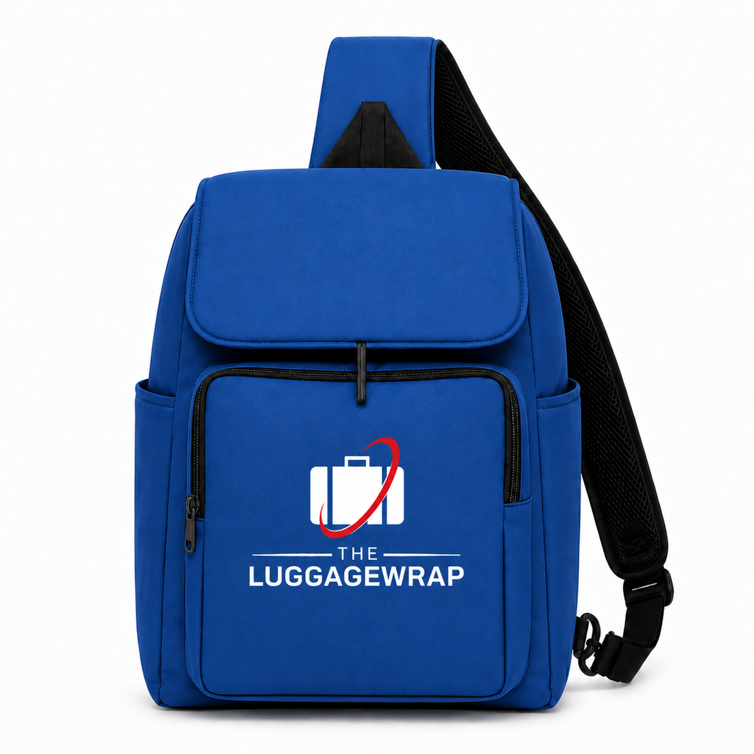 Sac à dos à bandoulière bleu avec le logo « The Luggage Wrap » sur fond blanc