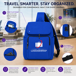 Un sac à dos de voyage Luggagewrap bleu vif montré sur une table en bois clair avec un fond de bureau flou. L’image comprend des cercles d’affichage et des détails textuels tels que des poches à rabat avant, des poches latérales, des poches à fermeture éclair avant, une bandoulière ajustable et un design léger et durable.