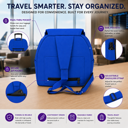 Un sac à dos en bandoulière bleu vif montré sur une table en bois avec un bureau ou un décor de voyage flou en arrière-plan. L’image comprend des cercles d’indication et des étiquettes de texte indiquant des caractéristiques telles qu’une poche passante, des poches latérales, une poche zippée sécurisée, une sangle d’épaule ajustable, une construction durable et fiable, un design léger, un tissu lavable et un design prêt pour voyager.