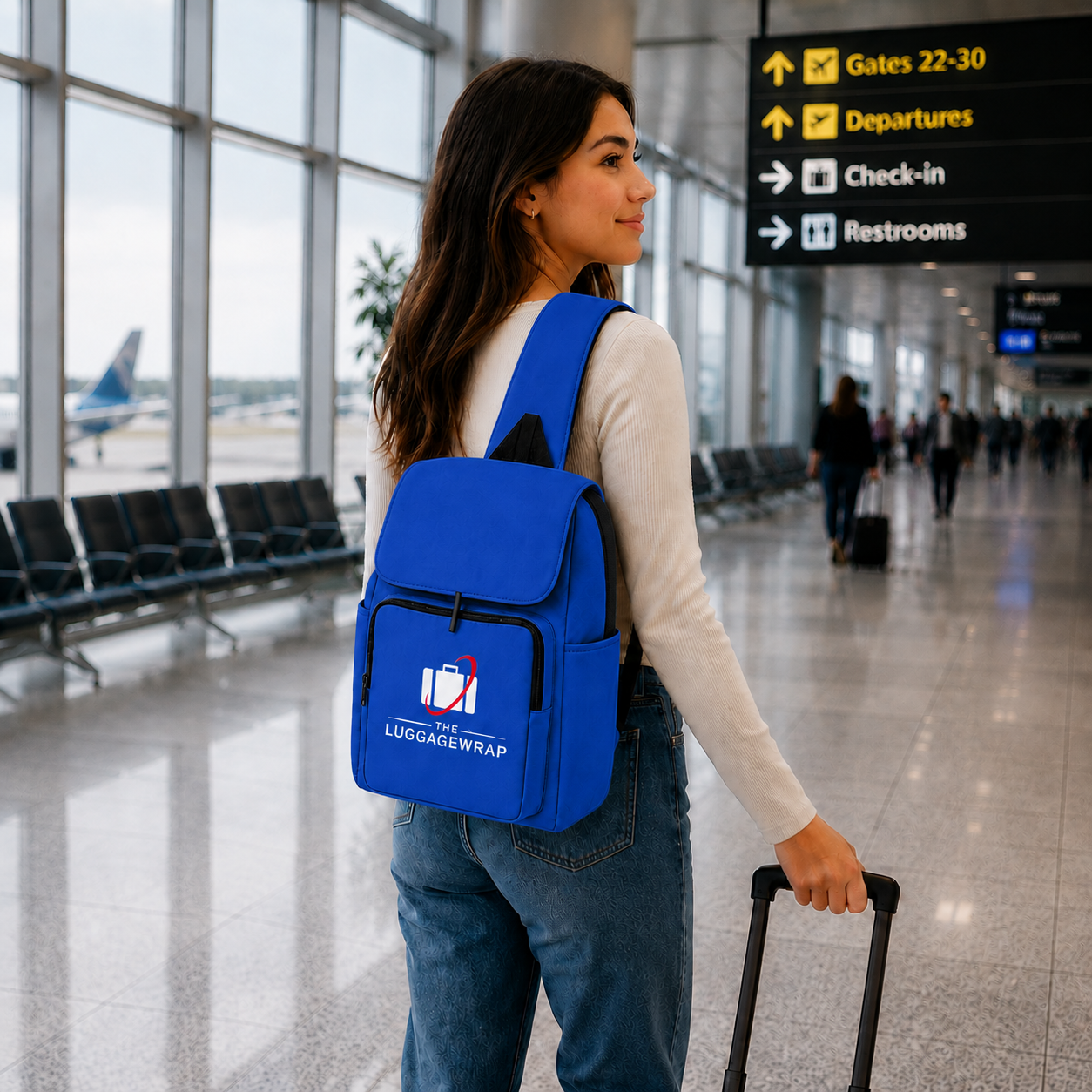 Une femme en chemise blanche à manches longues et jeans bleus se tient dans un terminal d’aéroport, portant un sac à dos bleu vif avec un logo blanc « Log Cabin Wrap » sur la poche avant. Elle tient une valise noire à roulettes, avec des panneaux d’aéroport et des sièges visibles en arrière-plan.