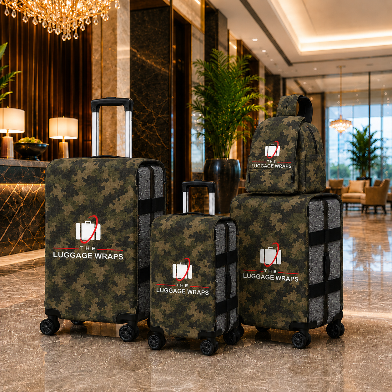 Trois enveloppes à bagages roulantes en motif camouflage vert sont exposées dans le hall d’un hôtel de luxe. L’ensemble comprend une grande valise, une valise moyenne et un sac à dos, tous portant le logo « THE LUGGAGE WRAPS ».