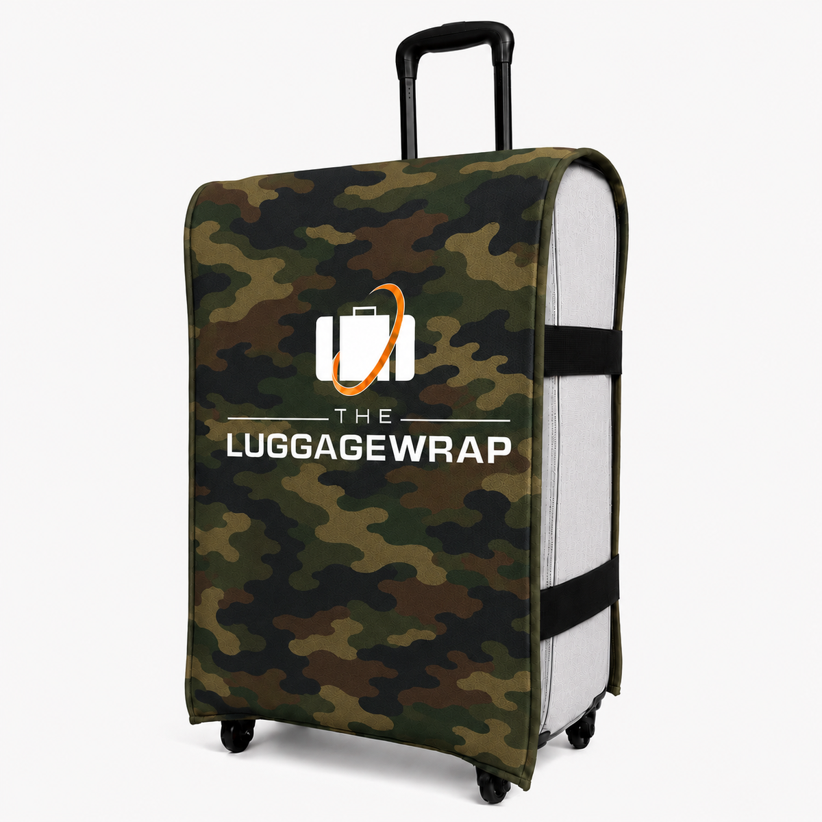 Camouflage-patterned luggage wrap with 'The Luggage Wrap' logo on a white background