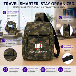 Un sac à dos camouflage montré sur une table avec des indications et des cercles encastrés expliquant ses poches, sa sangle d’épaule et son tissu durable. L’image inclut des textes promotionnels comme « VOYAGEZ PLUS INTELLIGEMMENT.