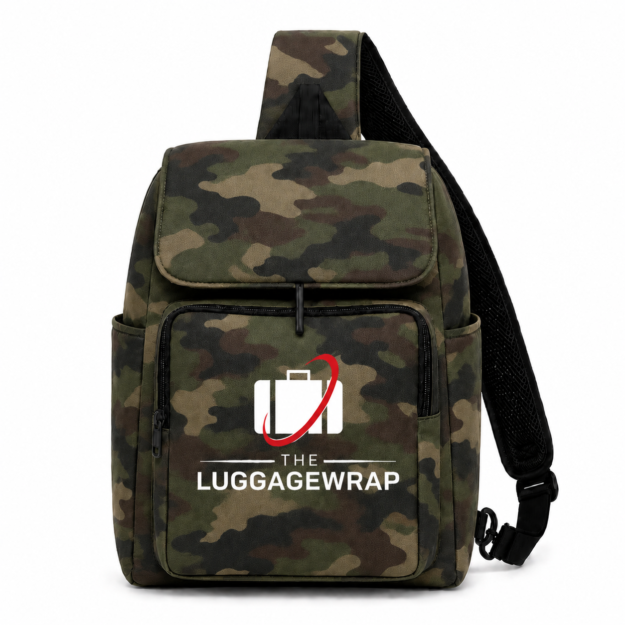 Sac à bandoulière camouflage avec le logo « The Luggage Wrap » sur fond blanc