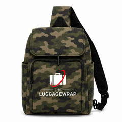 A camouflage sling bag backpack with a black shoulder strap, featuring a white and red luggage graphic with the text 'THE LUGGAGEWRAP' on the front pocket, set against a plain white background.