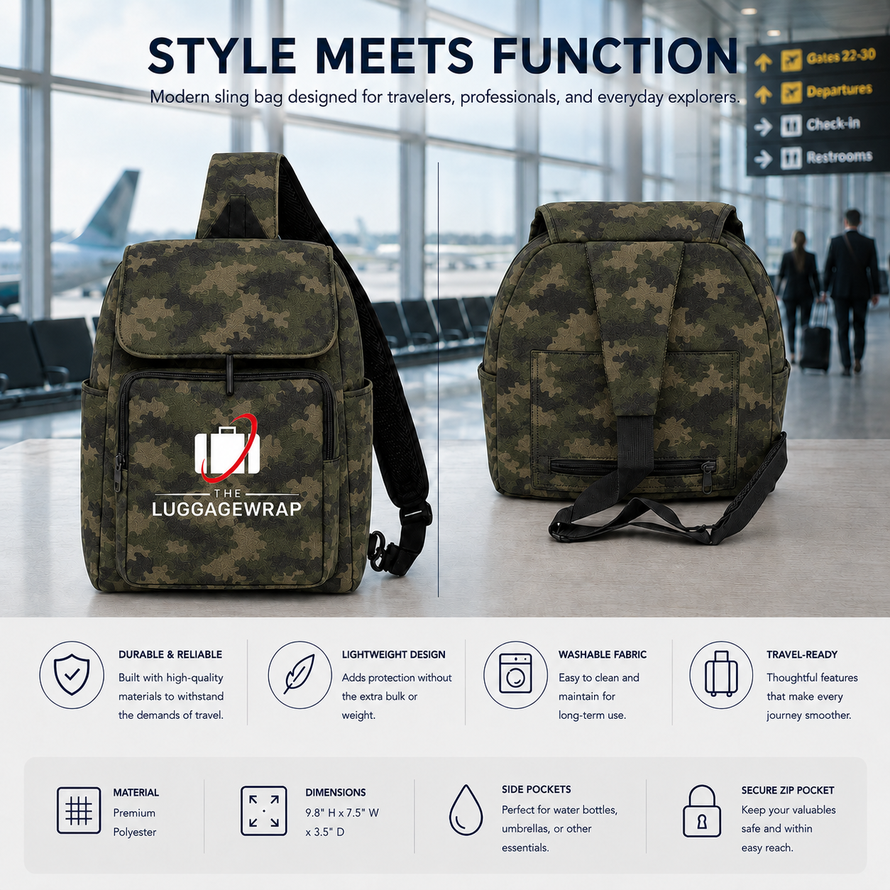 Deux sacs à dos camouflage montrés dans un terminal d’aéroport, avec du texte marketing en haut et des icônes de caractéristiques en bas. Les sacs à dos sont en camouflage vert olive et brun, et la partie inférieure inclut les spécifications et avantages des produits.