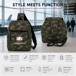 Deux sacs à dos camouflage montrés dans un terminal d’aéroport, avec du texte marketing en haut et des icônes de caractéristiques en bas. Les sacs à dos sont en camouflage vert olive et brun, et la partie inférieure inclut les spécifications et avantages des produits.