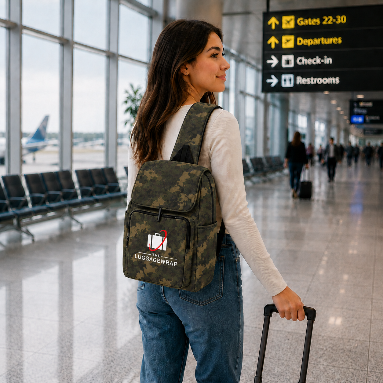 Une femme vêtue d’une chemise blanche à manches longues et d’un jeans bleu se tient dans un terminal d’aéroport, portant un sac à dos camouflage avec un logo blanc et rouge « LUGAGEWRAP » sur la poche avant. Elle tient une poignée de valise noire à roulettes, avec des panneaux et des sièges d’aéroport visibles en arrière-plan.