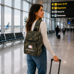 Une femme vêtue d’une chemise blanche à manches longues et d’un jeans bleu se tient dans un terminal d’aéroport, portant un sac à dos camouflage avec un logo blanc et rouge « LUGAGEWRAP » sur la poche avant. Elle tient une poignée de valise noire à roulettes, avec des panneaux et des sièges d’aéroport visibles en arrière-plan.