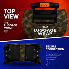 Funda de equipaje con diseño de camuflaje en la parte superior e inferior, con el logotipo «STOUT» sobre un fondo rojo y azul