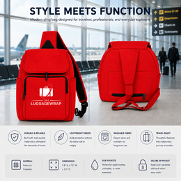 Sac à bagages rouge affiché de face et de dos sur un sol lumineux du terminal de l’aéroport, avec du texte marketing en haut et des icônes de caractéristiques en bas. Le sac a des fermetures éclair noires, des sangles noires et un logo blanc imprimé sur la poche avant.