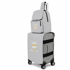 A light gray luggage set including a rolling suitcase, a matching backpack, and a carry-on bag, all featuring a customizable 'YOUR LOGO HERE' patch on the front. The suitcase has a heathered gray exterior with black mesh side panels and black wheels.