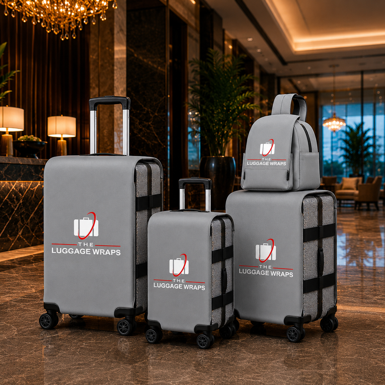 Trois valises à roulettes grises avec des enveloppes grises et un sac à dos assorti avec des sangles noires et la marque visible « THE LUGGAGE WRAPS », exposées dans un hall d’hôtel luxueux.